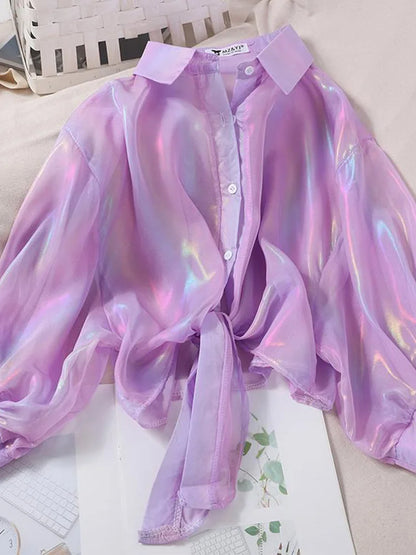 Sparkling Buttoned Waist Blouse For Women Half Sleeve