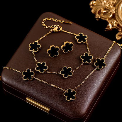 Ganemly 316L Stainless Steel Four Color Five Leaf Clover Flower Jewelry Set for Women