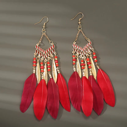 Bohemian Long Feather Drop Earrings with Tassel Beads and Enamel Flowers for Women