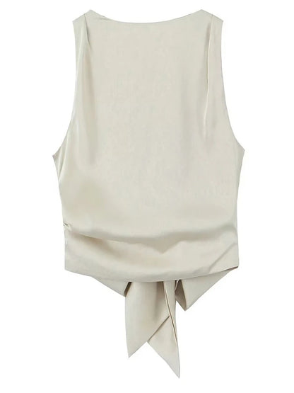 DozwCN Women Bow Backless Cropped Tank Top Solid Chic