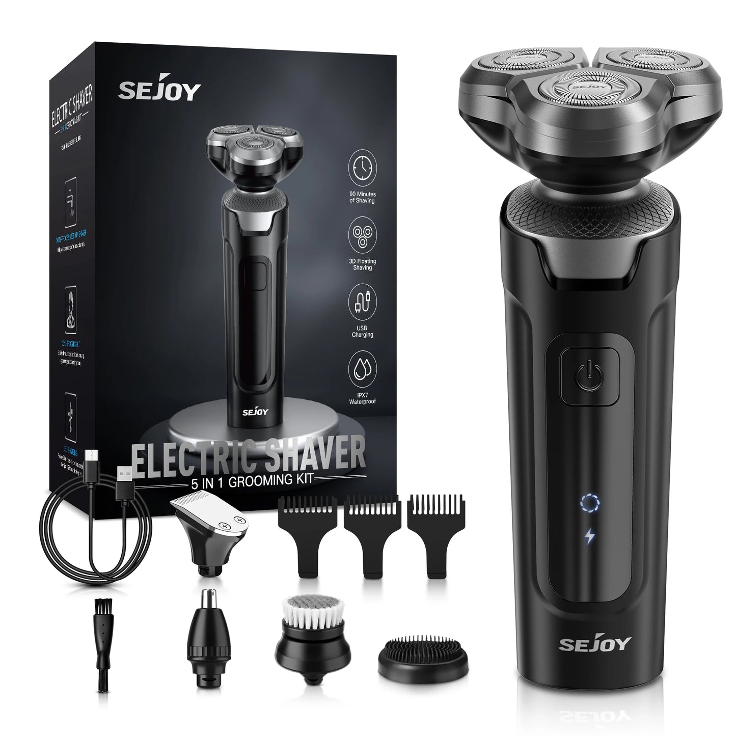 Sejoy 3 In 1 Multifunction Electric Shaver for Men Waterproof Beard and Nose Hair Trimmer with Fast Charging