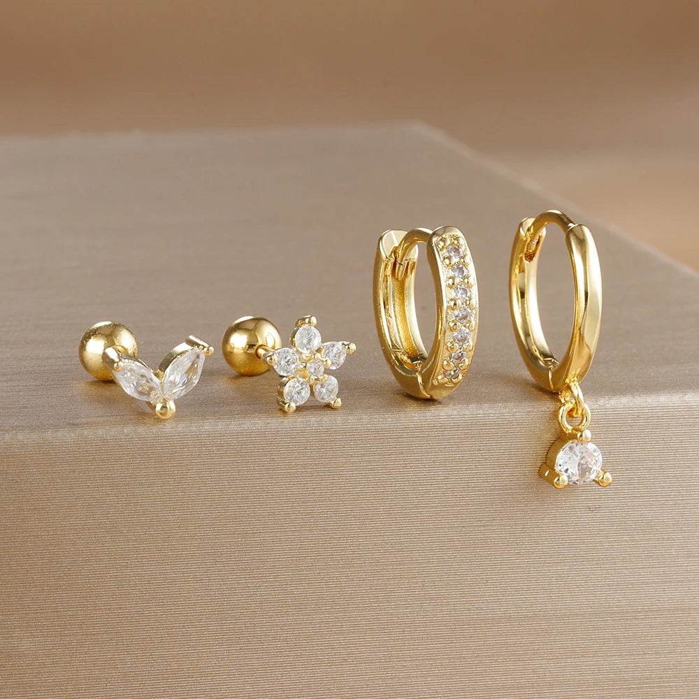 4PCS Gold Plated Stainless Steel Cubic Zirconia Star Leaves Hoop Earrings Set for Women