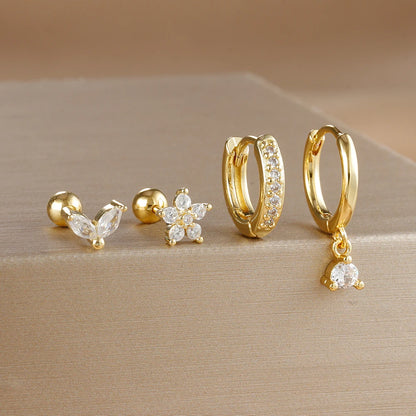 4PCS Gold Plated Stainless Steel Cubic Zirconia Star Leaves Hoop Earrings Set for Women