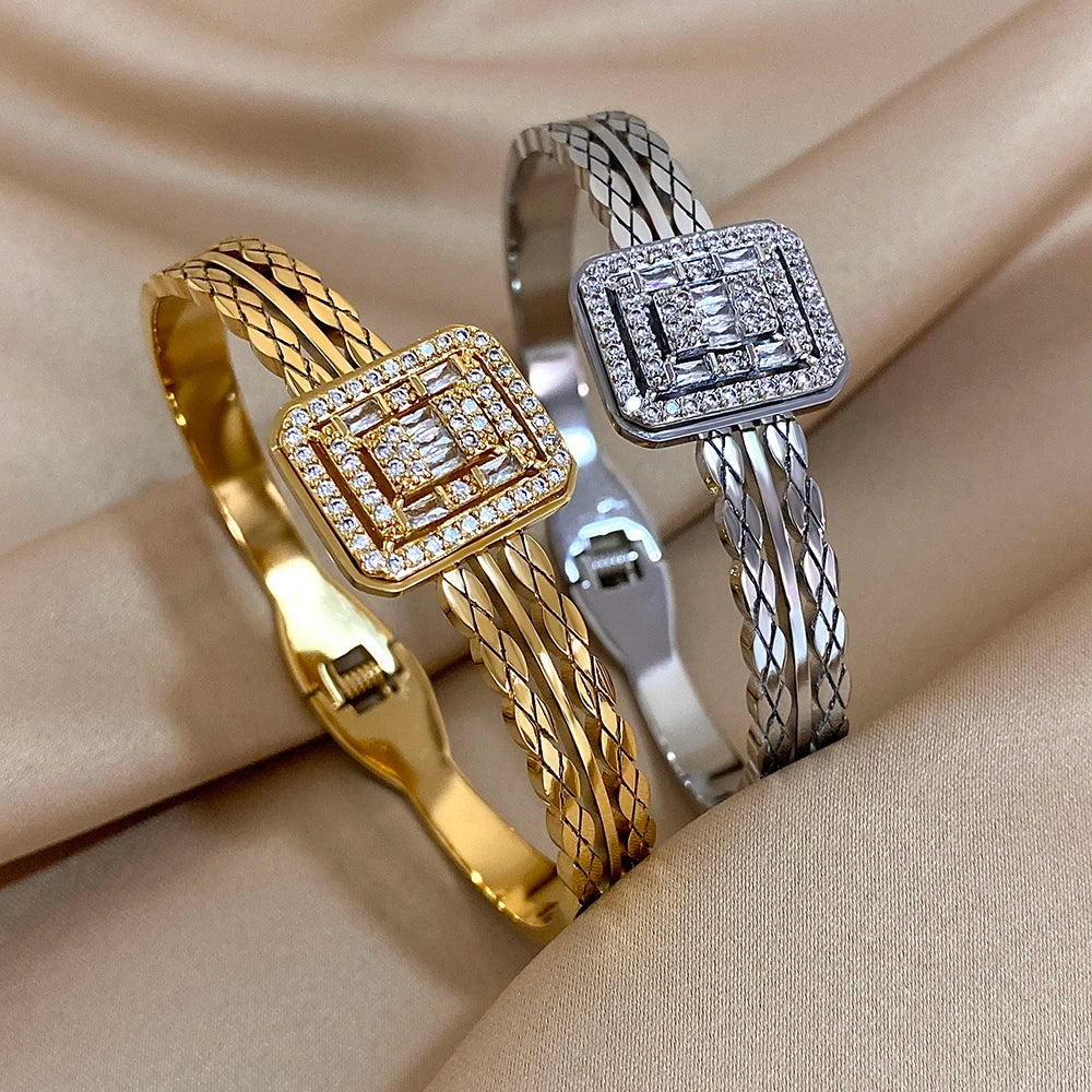 Square Stainless Steel Bangle Bracelet with Rhinestones for Women Cuff Fashion Waterproof Jewelry Gifts