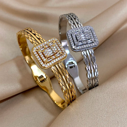 Square Stainless Steel Bangle Bracelet with Rhinestones for Women Cuff Fashion Waterproof Jewelry Gifts