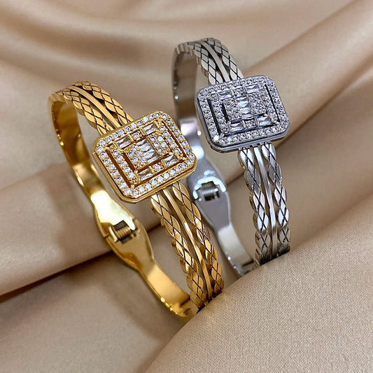 Square Stainless Steel Bangle Bracelet with Rhinestones for Women Cuff Fashion Waterproof Jewelry Gifts
