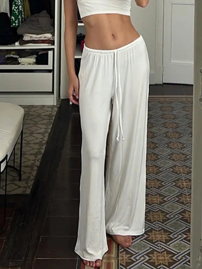 White Women's Casual Loose Straight Leg Sweatpants Shirring