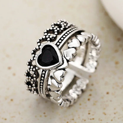 Huitan Vintage Black Heart Rings for Women - Chic Hip Hop Party Jewelry Accessories