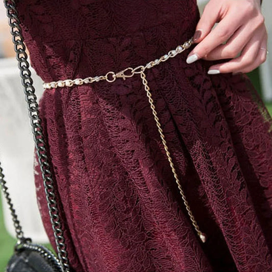 Women Pearl Thin Metal Waist Chain Belt Versatile Fashion