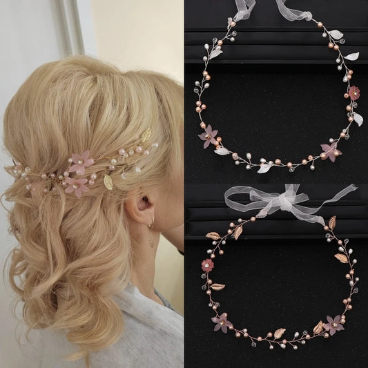 Bridal Pearl Headband - Handmade Gold Flower Hair Jewelry for Weddings