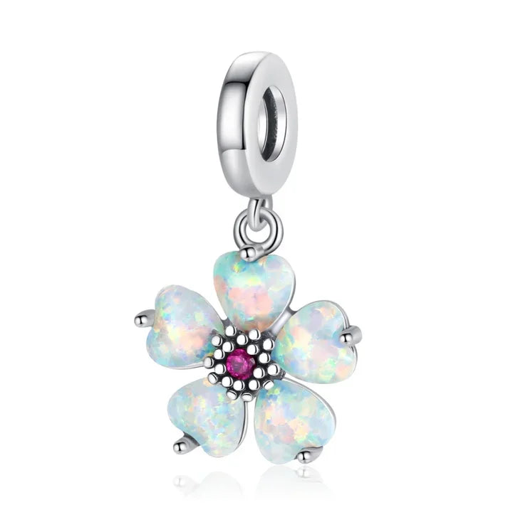 925 Sterling Silver Rose Sakura Flower Dangle Charm with Zircon for DIY Jewelry and Bracelets