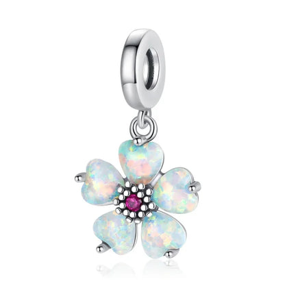 925 Sterling Silver Rose Sakura Flower Dangle Charm with Zircon for DIY Jewelry and Bracelets