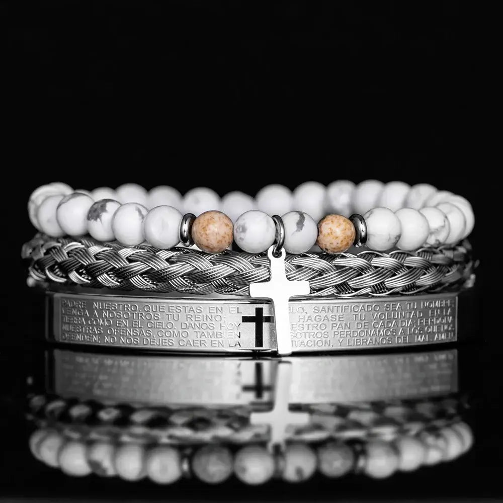 3pcs Set Men Stainless Steel Carving Bangle Cross Bracelet