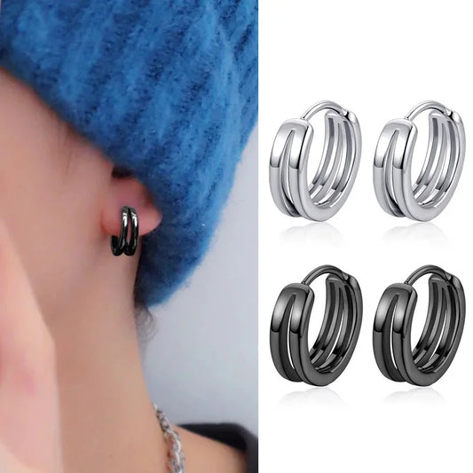 Hollow Double Ring Small Hoop Earrings for Men and Women - Trendy Black Silver Hip Hop Gothic Ear Jewelry