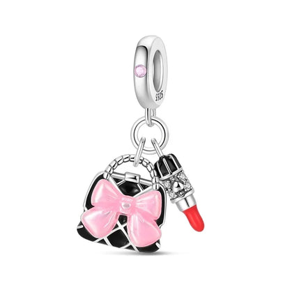 Sterling Silver Pink Blossom Dangle Charm with Butterfly Heart Flower Rose and Bird Bead for DIY Necklace and Bracelet Jewelry
