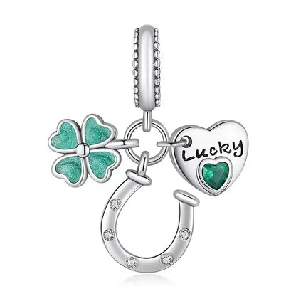 Lucky Four Leaf Clover Dangle Charm Sterling Silver Family Tree Flower Bead Pendant for Bracelets and Necklaces