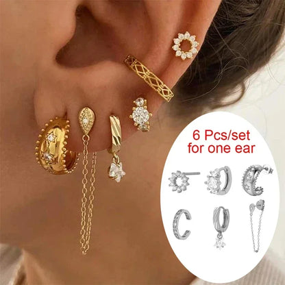 Crmya Gold Plated Women's Earrings Set with Vintage CZ Zircon Drop and Stud Hoops