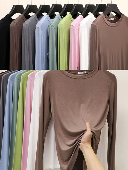 Modal Cotton Long Sleeve O Neck Womens Autumn Basic Tee