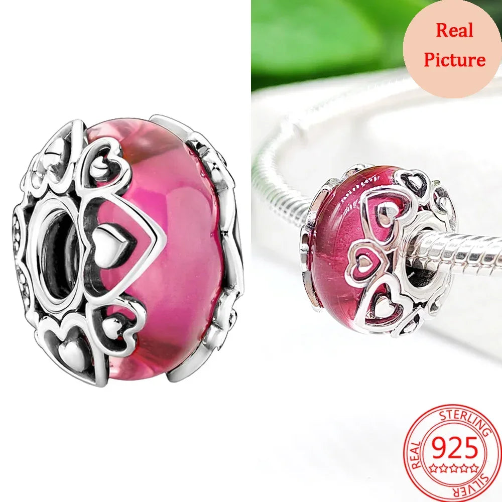 Romantic 925 Sterling Silver Pink Lipstick Heart Bow Rose Flower Zircon Charm Bead for DIY Bracelet Jewelry Gift