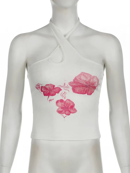 Y2K Vintage Floral Halter Crop Top For Women Harajuku Style