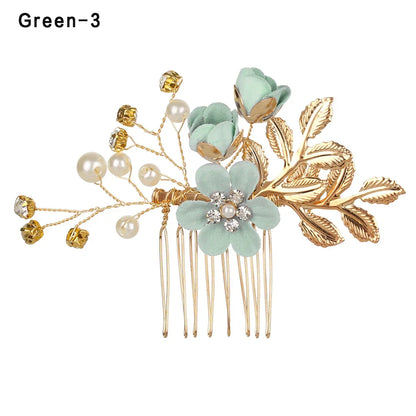 Luxury Crystal Crown Hair Combs - Elegant Bridal Clips with Leaf Design green 3