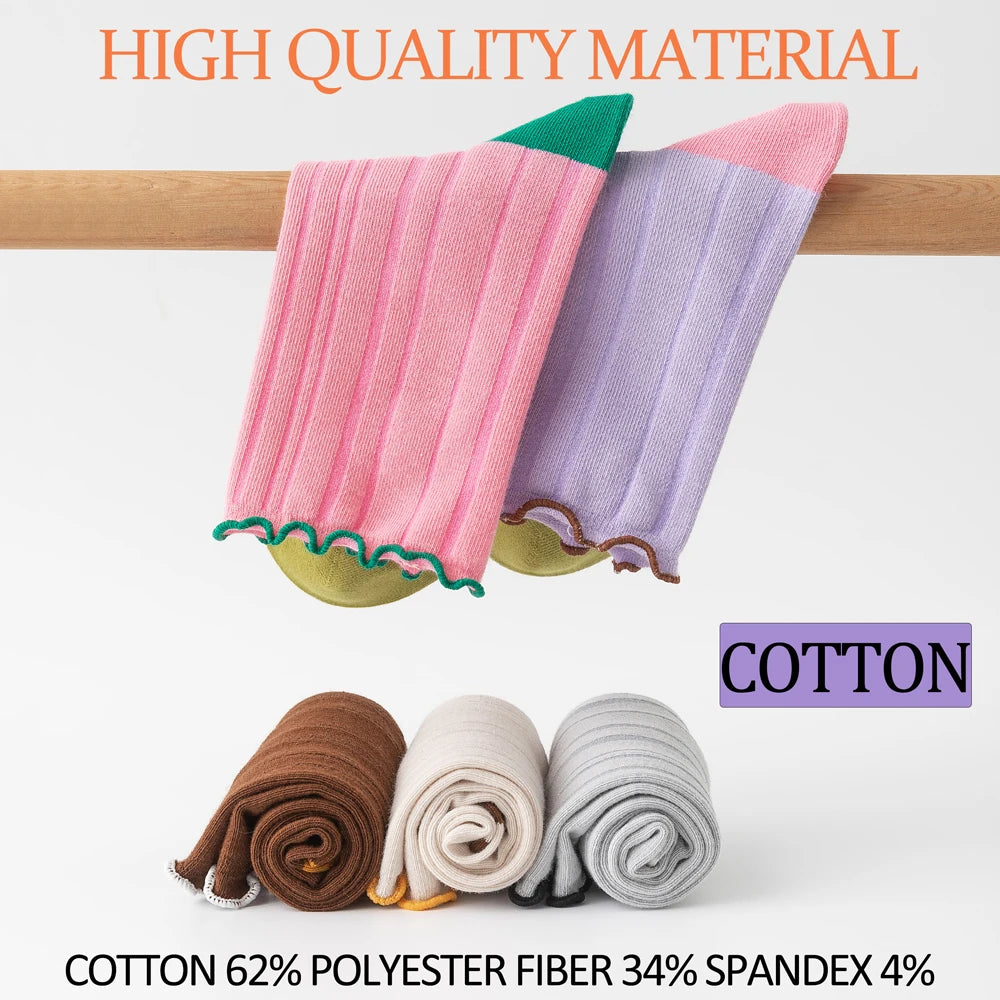 6 Pairs Lace Trim Cotton Mid Crew Antibacterial Socks