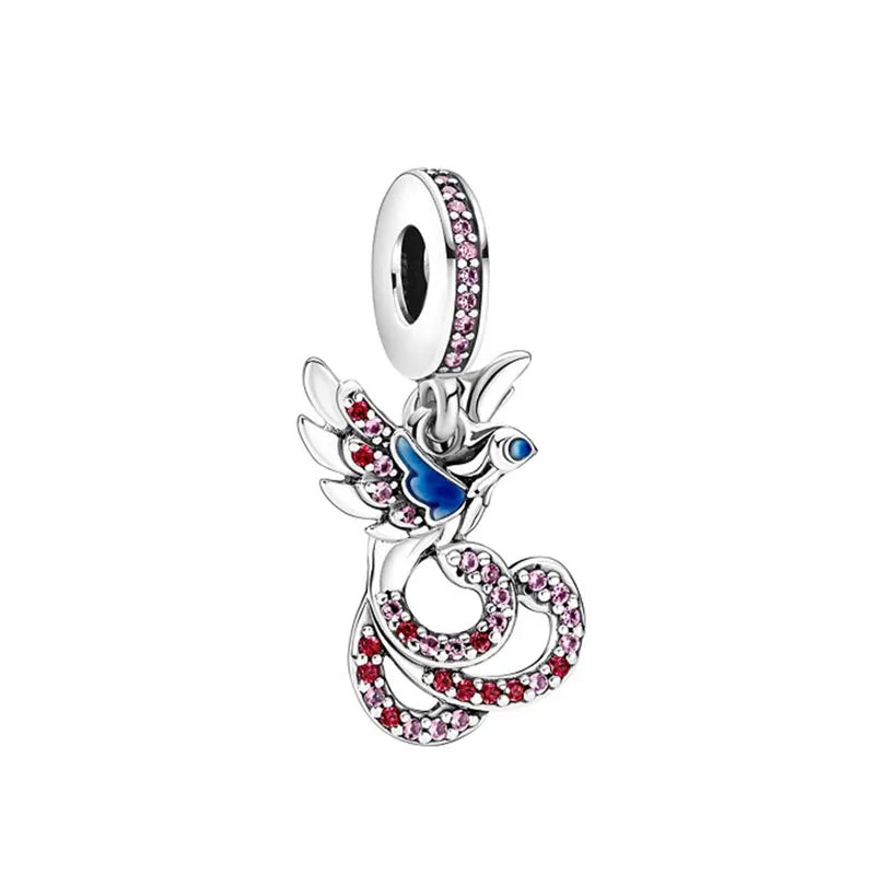 925 Silver Heart-Shaped Beads with Lotus and Bird Pendant for European Bracelet DIY Exquisite Jewelry