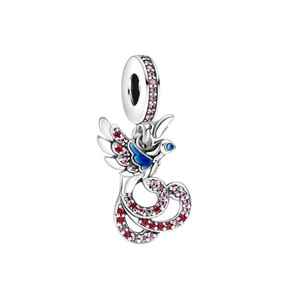 925 Silver Heart-Shaped Beads with Lotus and Bird Pendant for European Bracelet DIY Exquisite Jewelry