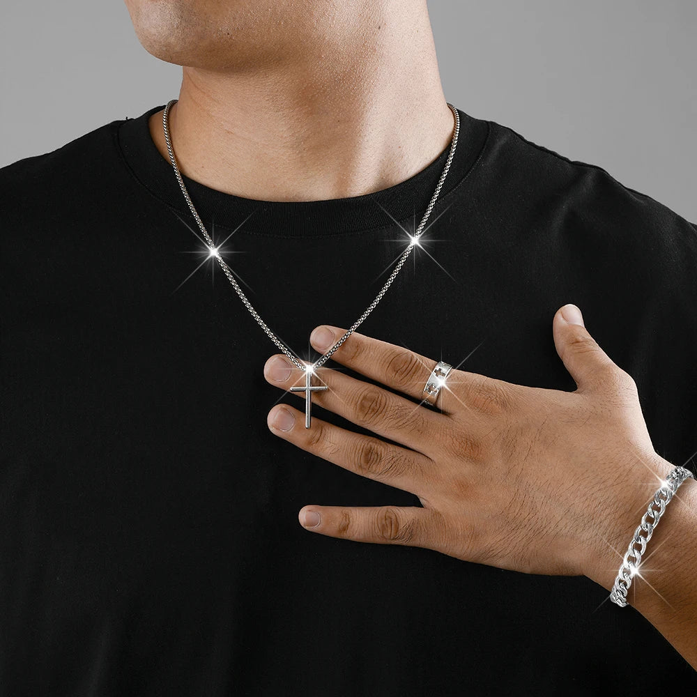 Men's Stylish Black Stainless Steel Cross Necklace, Ring, and Bracelet Set - Non-Fading Jewelry for Weddings and Parties