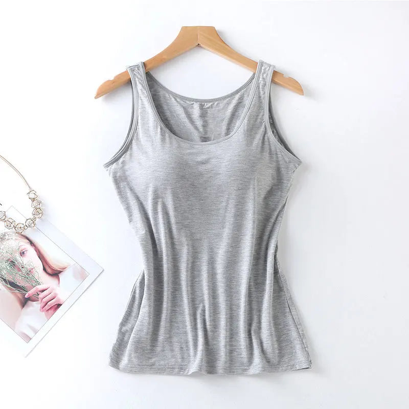 2023 Women’s Slim Fit Vest Tops with Built-In Bra Padded Neck Tank Casual Solid Color Shirts