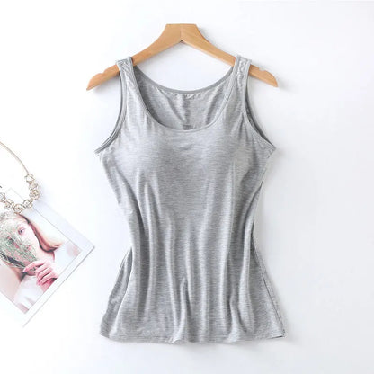 2023 Women’s Slim Fit Vest Tops with Built-In Bra Padded Neck Tank Casual Solid Color Shirts