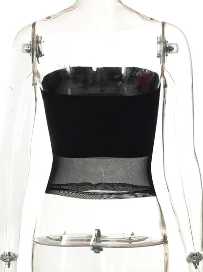 Mesh Corset Crop Top Women Patchwork Sleeveless Cami