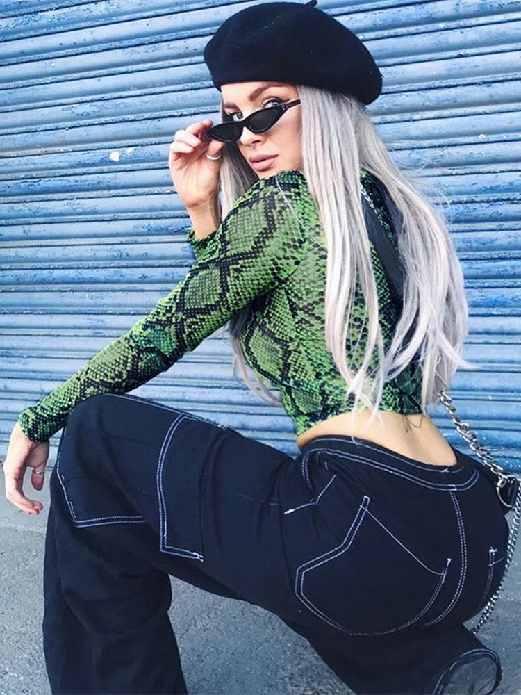 Dozw Women Snake Print Mesh Crop Top High Neck Long Sleeve