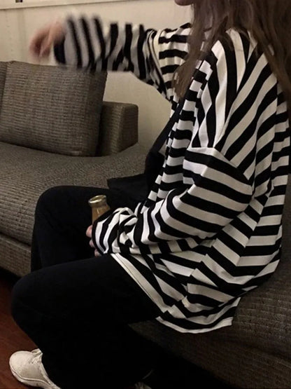 Harajuku Striped Long Sleeve O Neck Top For Women Ulzzang