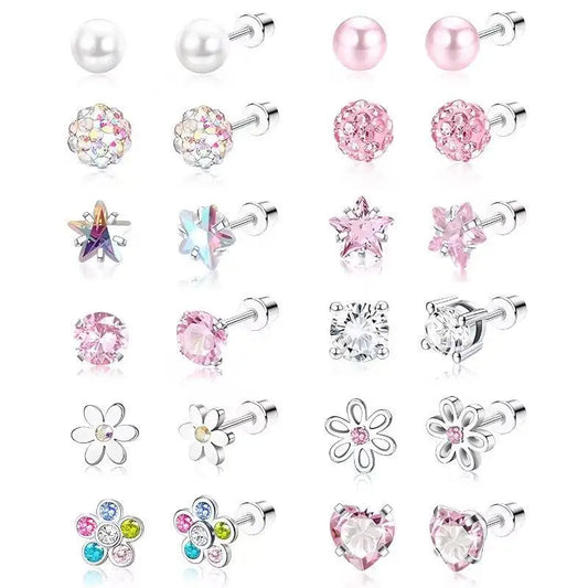 Hypoallergenic Stainless Steel Screw Back Earrings Set for Girls and Women - 12 Pairs for Sensitive Ears