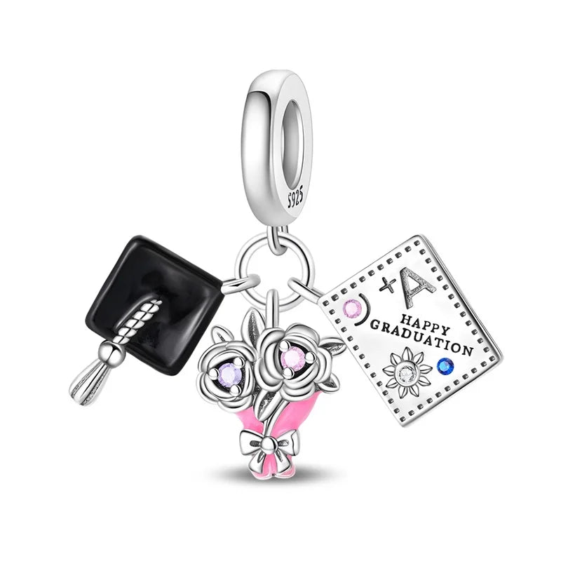 925 Sterling Silver Graduation Mortarboard Charm with Zircon Beads for DIY Bracelet Fine Jewelry Gift
