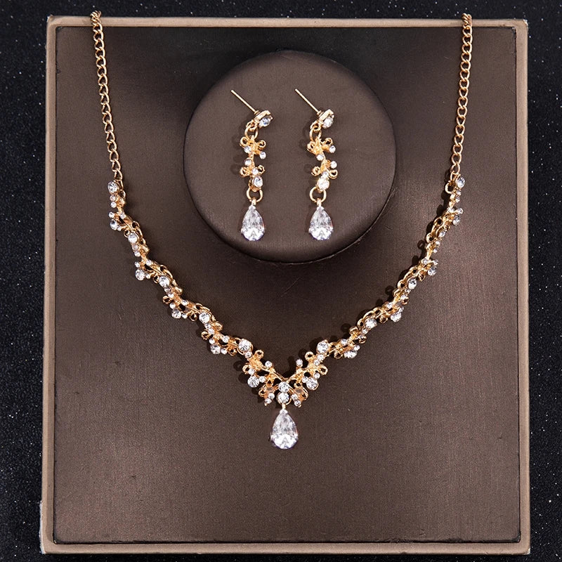 Bridal Elegance: Luxury Silver Crystal Water Drop Tiara & Jewelry Set - 4 Pcs Gold 2