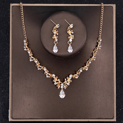 Bridal Elegance: Luxury Silver Crystal Water Drop Tiara & Jewelry Set - 4 Pcs Gold 2
