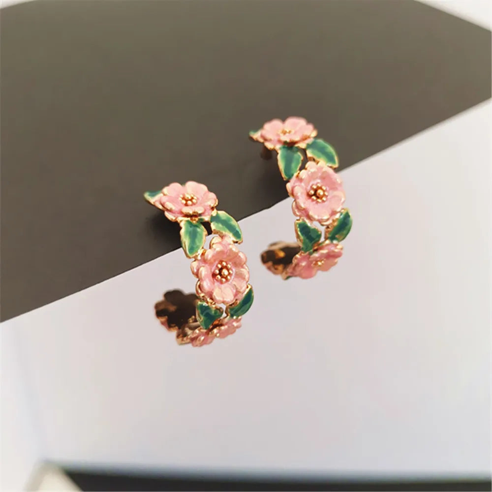 Rose Branch C-Shaped Drop Earrings for Women Romantic French Glaze Jewelry