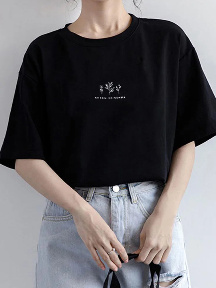 Korean Round Neck Summer Tee Women Loose Plant Print
