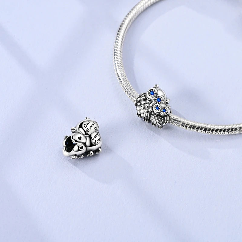925 Sterling Silver Owl Bow Zircon Charm Beads Pendant
