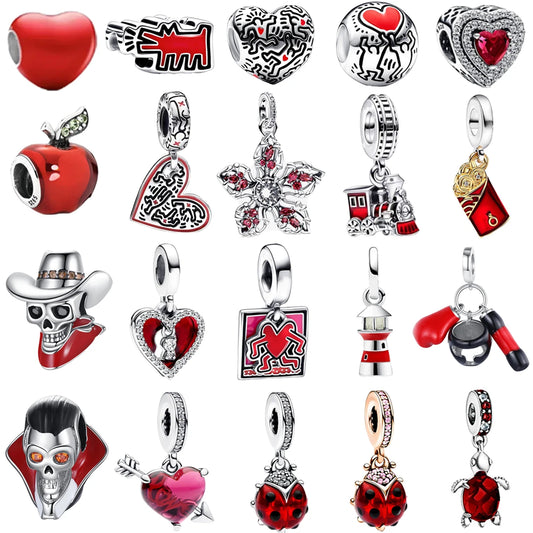 925 Sterling Silver Red Love Bunny Dog Skull Ladybug Flower Zircon Beads Charms for DIY Women Bracelet Necklace Gift