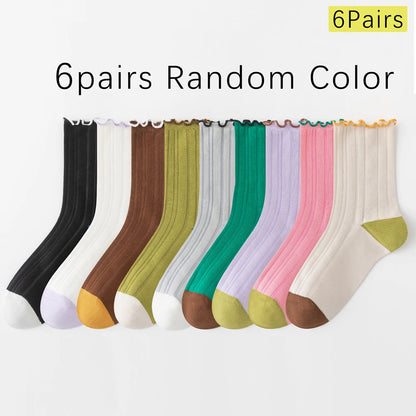 6 Pairs Lace Trim Cotton Mid Crew Antibacterial Socks