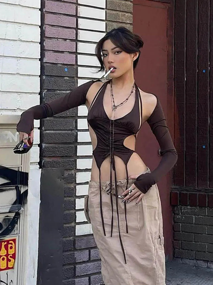 Y2K Streetwear 2 Piece Halter Crop Top Backless Women Tops