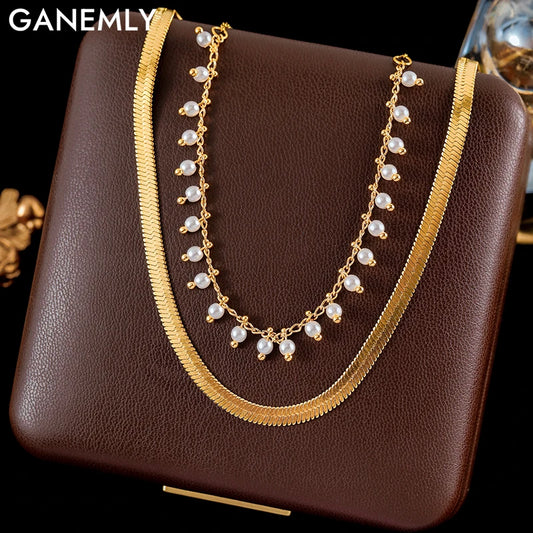 Ganemly Elegant 316L Stainless Steel Double Layer Pearl Necklace for Women 18K Gold Plated Waterproof Fashion Jewelry