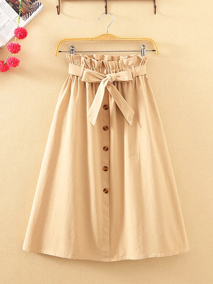 Summer Autumn Midi Pleated High Waist Button Skirt Women