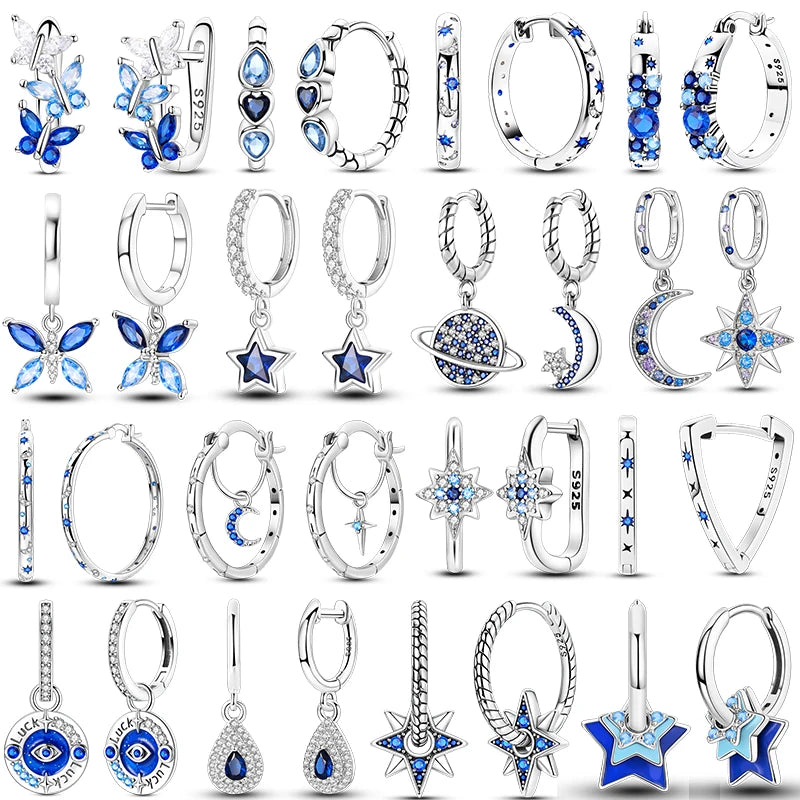 Blue Zircon 925 Sterling Silver Hoop Earrings Star Moon Butterfly Jewelry