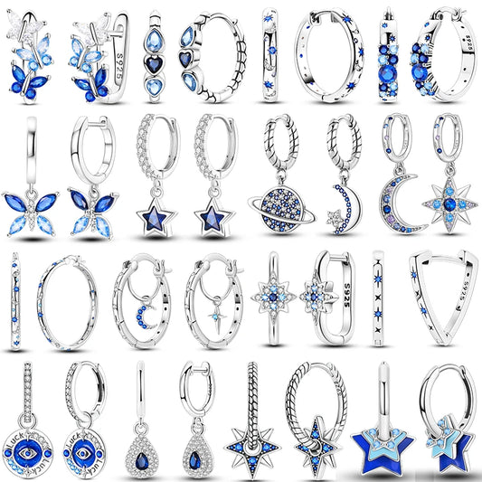 Blue Zircon 925 Sterling Silver Hoop Earrings Star Moon Butterfly Jewelry