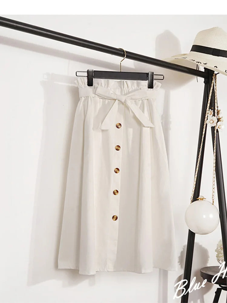 Summer Autumn Midi Pleated High Waist Button Skirt Women