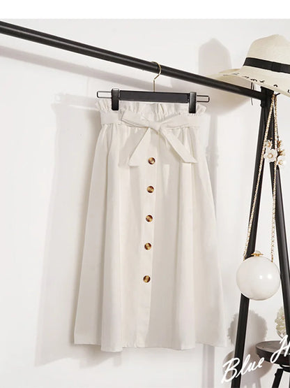 Summer Autumn Midi Pleated High Waist Button Skirt Women